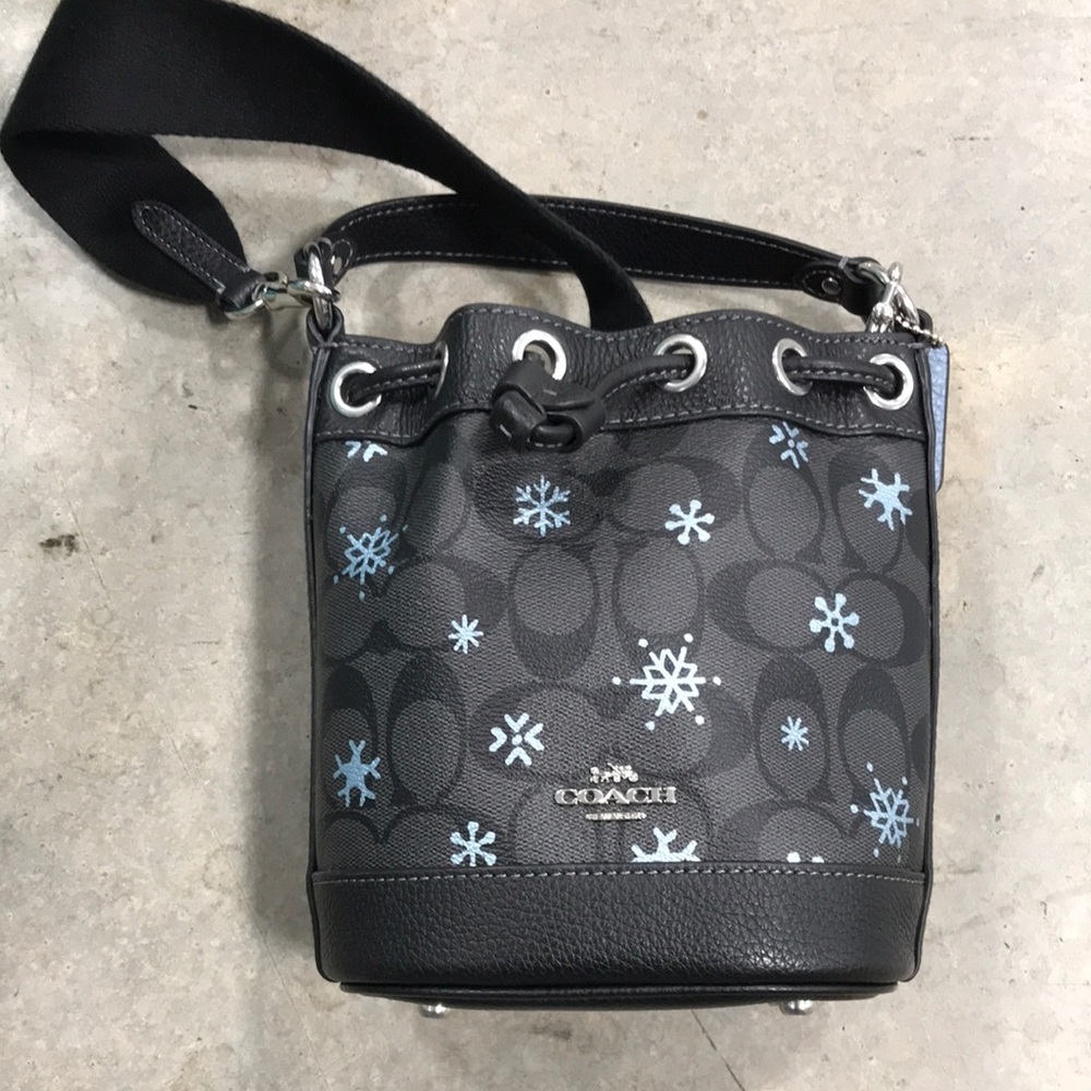 Coach Black Signature Snowflake Drawstring Bucket Bag
